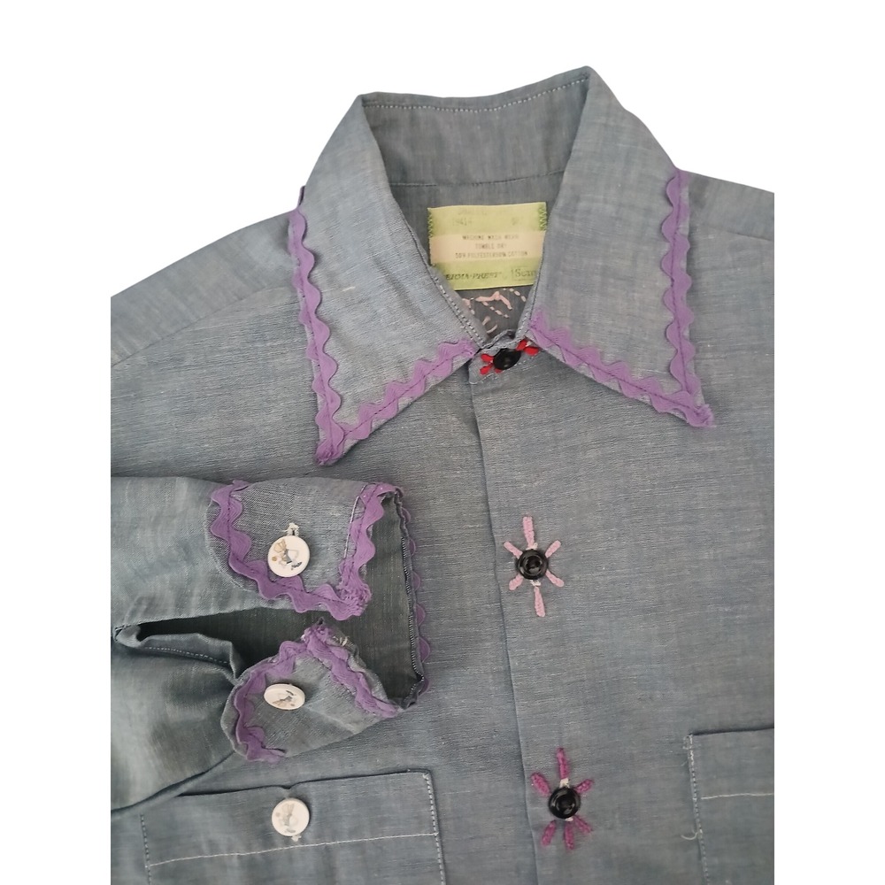 Vintage Sears Perma-Prest Chambray Embroidered Holly Hobbie Shirt Blue Small
